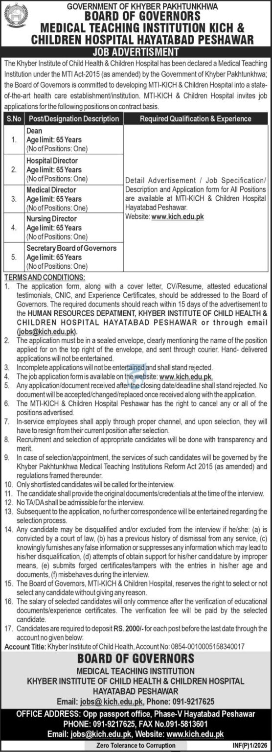 MTI-KICH & Children Hospital Peshawar Jobs 2026 – Dean, Medical ...