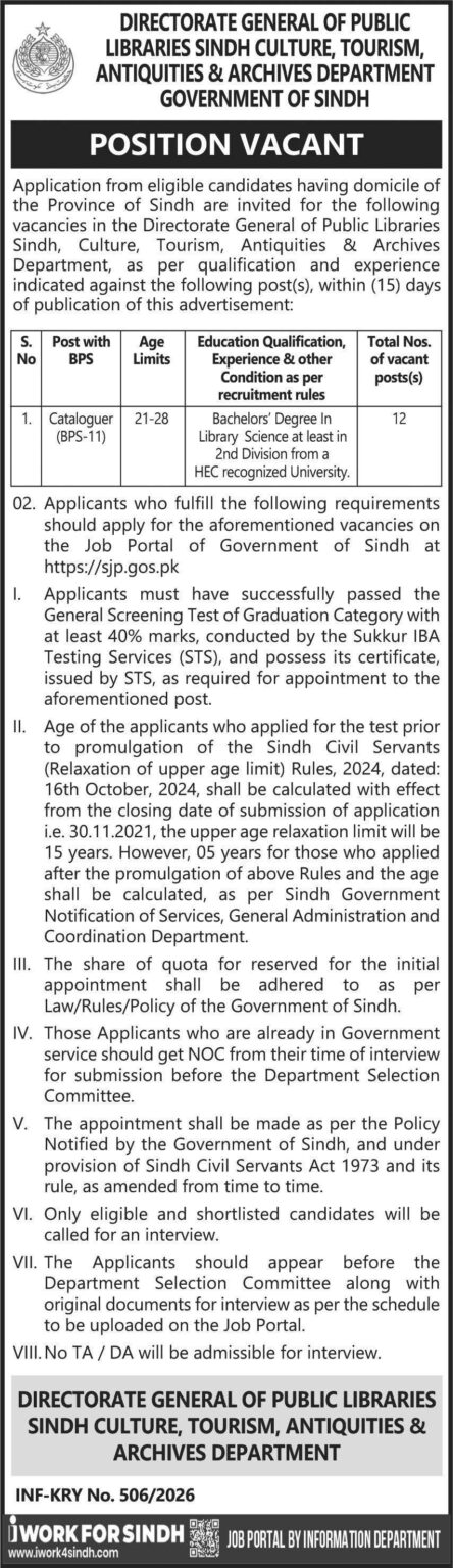 Directorate General of Public Libraries Sindh Jobs 2026 – Cataloguer ...