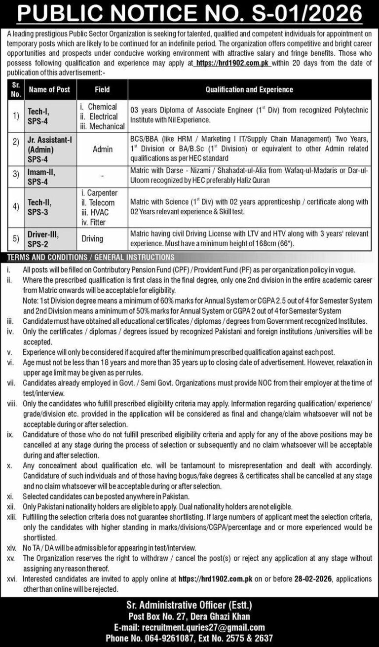 Public Sector Organization Jobs 2026 – Apply for Technician, Imam ...