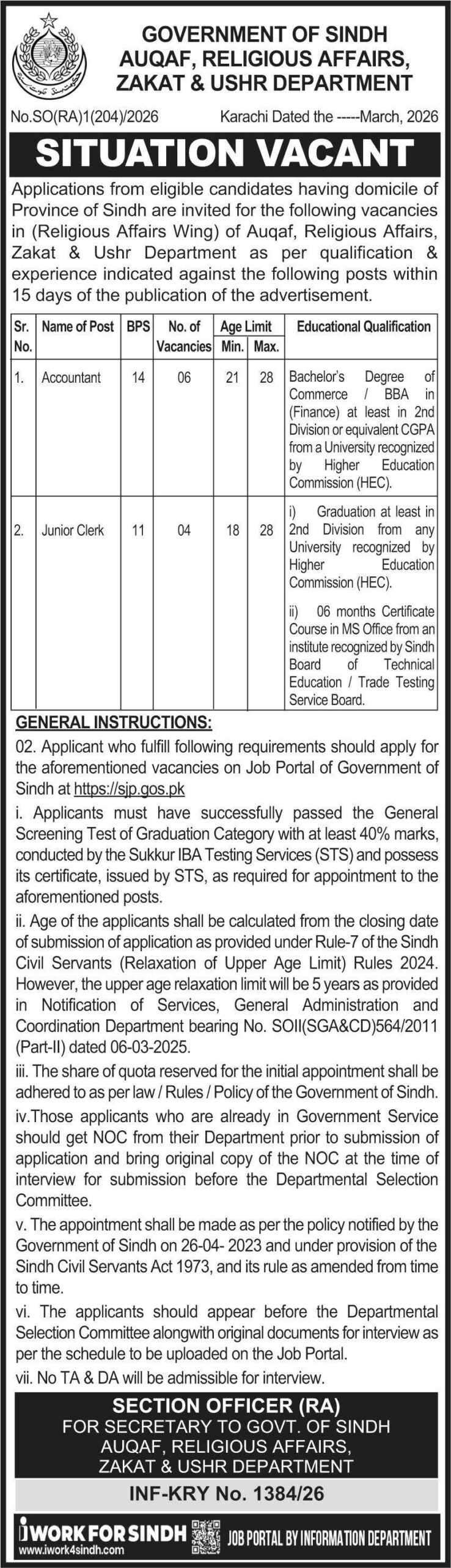 Government of Sindh Auqaf Department Jobs 2026 – Accountant & Junior ...